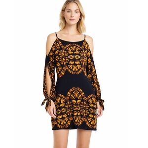 Mara Hoffman Silk Abstract Print Mini Dress Slit Sleeve Shoulder Cutout Tie Cuff